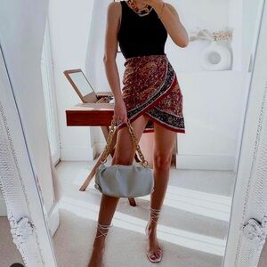 Zara Paisley Print Sarong Skirt Beaded Burgundy White - XL